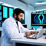 **A futuristic medical lab in Dubai, showcasing personalized medicine.**  Image should feature advanced technology, genetic analysis equipment, and a diverse team of Arab scientists working collaboratively. The setting should evoke a sense of hope and innovation in healthcare, with subtle Arabic design elements.
