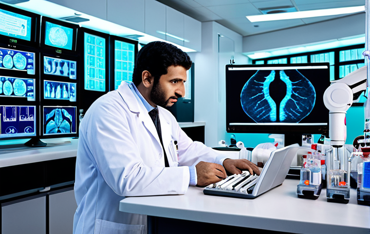 **A futuristic medical lab in Dubai, showcasing personalized medicine.** Image should feature advanced technology, genetic analysis equipment, and a diverse team of Arab scientists working collaboratively. The setting should evoke a sense of hope and innovation in healthcare, with subtle Arabic design elements.