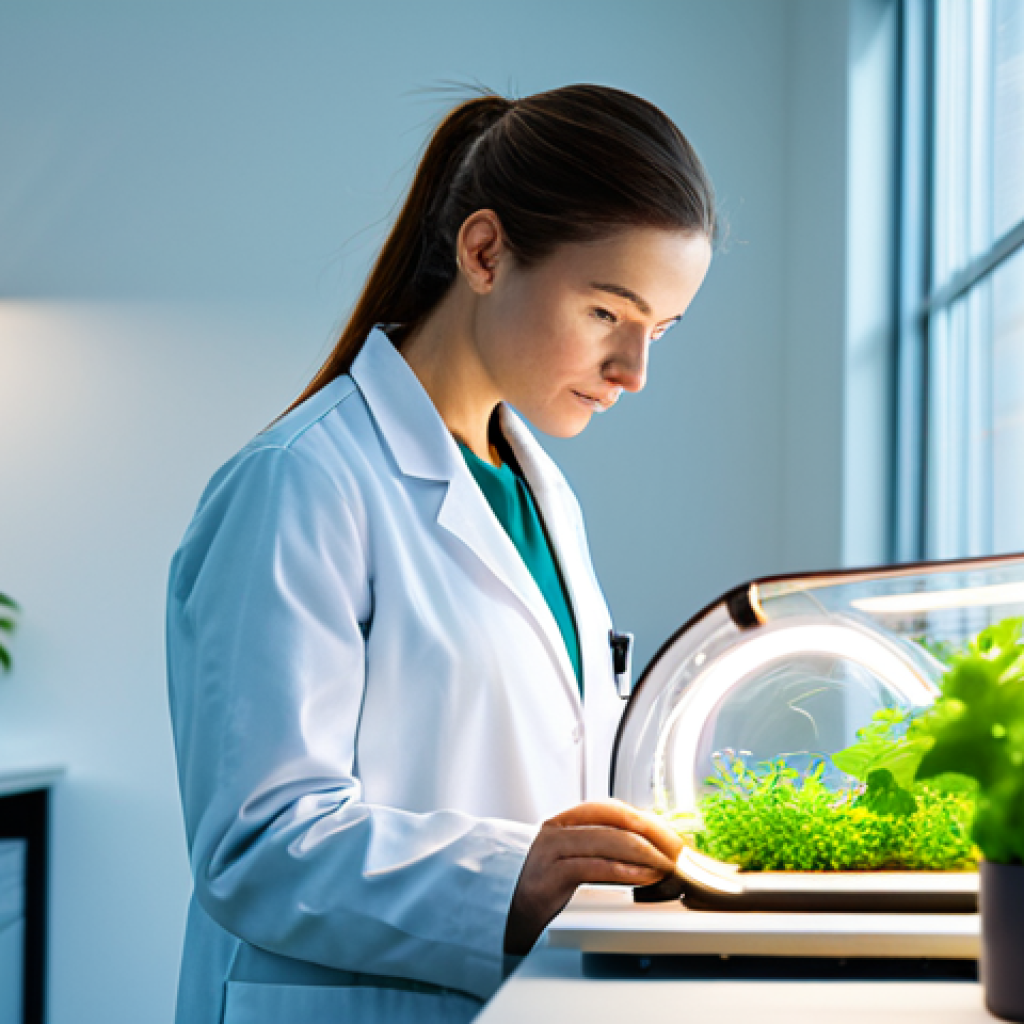 A professional female scientist in a modest lab coat, standing in a brightly lit, modern research laboratory, observing a transparent, glowing bio-battery prototype on a clean workbench. The lab features subtle elements of lush green plants, symbolizing harmony with nature. Perfect anatomy, correct proportions, natural pose, well-formed hands, proper finger count, natural body proportions. Professional photography, high detail, safe for work, appropriate content, fully clothed, professional.
