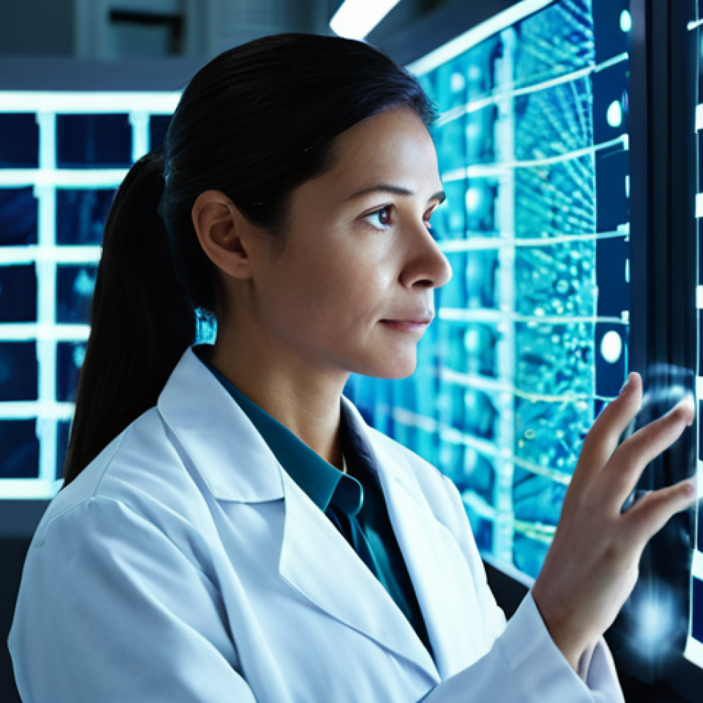 A professional female scientist, fully clothed in a modest, clean lab coat, meticulously observing a dynamic holographic projection of intricate nanotechnology and biotechnology processes. The projection shows tiny, glowing molecular structures and biological cells in an awe-inspiring display. The environment is a futuristic, sterile laboratory with advanced equipment, soft ambient light, and glowing data screens in the background. High resolution, hyper-detailed, perfect anatomy, correct proportions, natural pose, well-formed hands, proper finger count, natural body proportions, professional photography, high quality, safe for work, appropriate content, fully clothed, professional, modest, family-friendly.