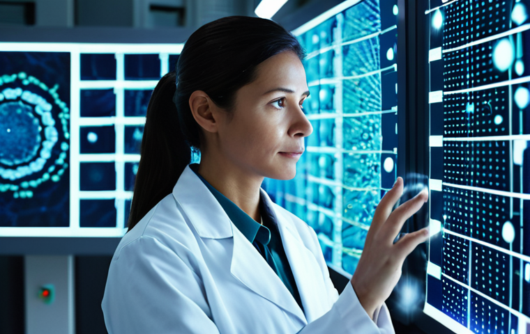 A professional female scientist, fully clothed in a modest, clean lab coat, meticulously observing a dynamic holographic projection of intricate nanotechnology and biotechnology processes. The projection shows tiny, glowing molecular structures and biological cells in an awe-inspiring display. The environment is a futuristic, sterile laboratory with advanced equipment, soft ambient light, and glowing data screens in the background. High resolution, hyper-detailed, perfect anatomy, correct proportions, natural pose, well-formed hands, proper finger count, natural body proportions, professional photography, high quality, safe for work, appropriate content, fully clothed, professional, modest, family-friendly.