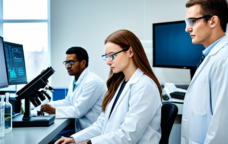 **Subject:** A group of diverse scientists in a modern biotechnology lab, **Clothing:** wearing lab coats and appropriate safety glasses, **Environment:** surrounded by high-tech equipment, beakers, and monitors displaying complex data. **Details:** Focus on collaboration and innovation. **Modifiers:** "safe for work," "appropriate content," "fully clothed," "professional," "perfect anatomy," "correct proportions," "natural pose," "high resolution," "detailed," "realistic lighting."