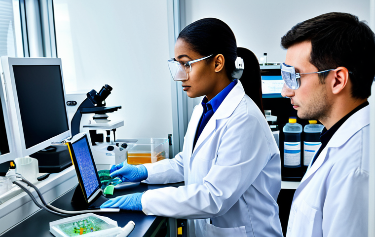 미생물 기반 치료 - **Subject:** A diverse group of scientists in a modern laboratory setting.
    **Clothing/Environmen...