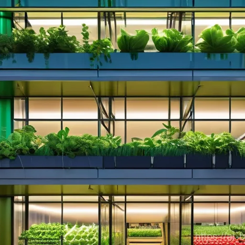 스마트 바이오 배양 시스템 - **Prompt:** A futuristic, multi-story vertical farm integrated into a vibrant, modern city skyline a...