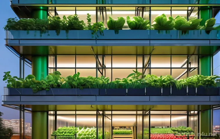 스마트 바이오 배양 시스템 - **Prompt:** A futuristic, multi-story vertical farm integrated into a vibrant, modern city skyline a...