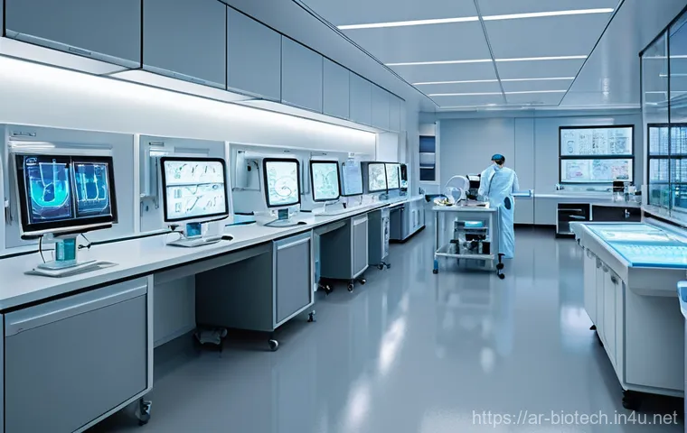 혈액 검사 기술 - **Prompt 1: The AI-Powered Modern Medical Lab**
"A brightly lit, ultra-modern medical laboratory...