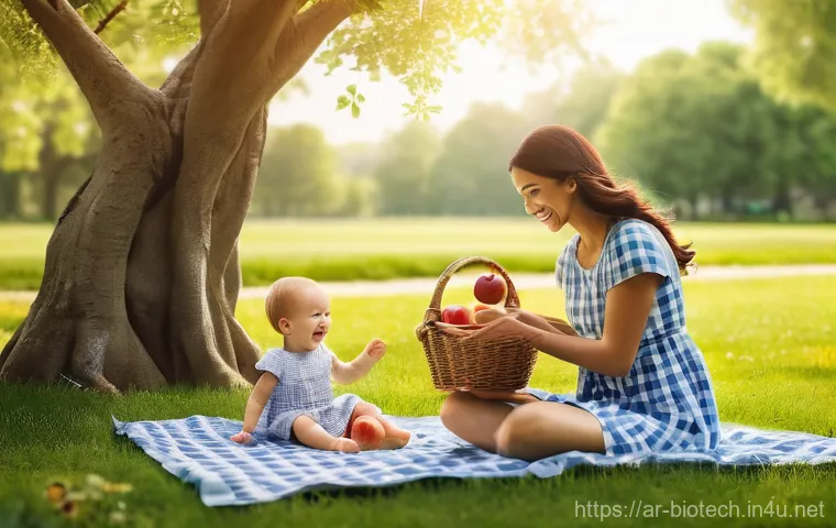 생명 공학 연구 동향 - **Prompt 1: "A cheerful family picnic in a sunlit park.** A young mother, wearing a modest sundress,...