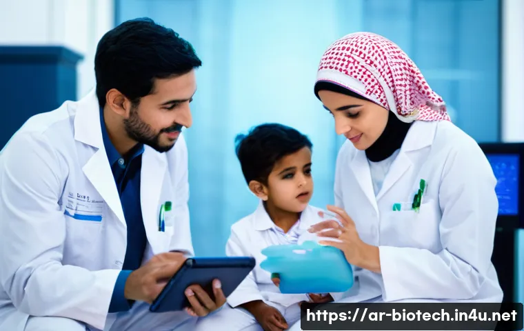 분자 진단 시장 - **Prompt:** A group of diverse Arab scientists, including men and women in professional lab coats an...