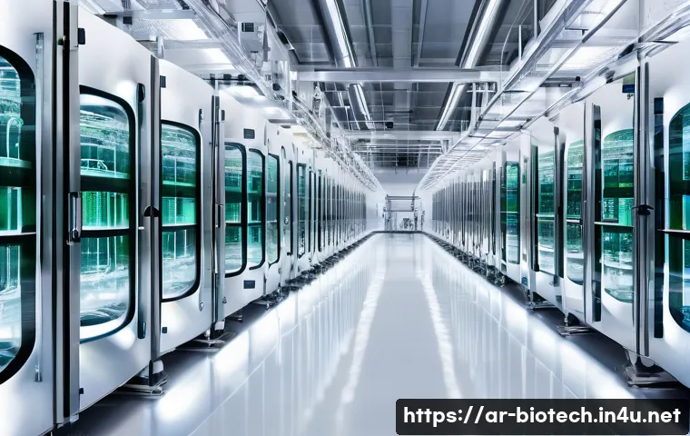 바이오 생산 최적화 기술 - **Prompt for Advanced Fermentation Techniques:**
    "A wide-angle, high-resolution shot inside a gl...