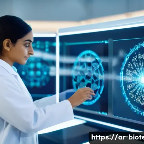 Home 30 AI 바이오 시장 - A high-tech biotechnology laboratory scene set in a modern Middle Eastern research center, featuring...