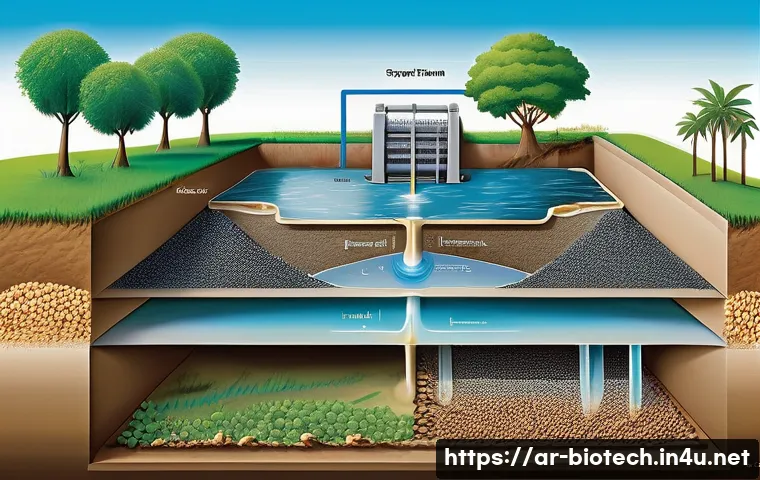 바이오 필터 - A detailed cross-sectional illustration of a multi-layer biofilter system used for agricultural wast...