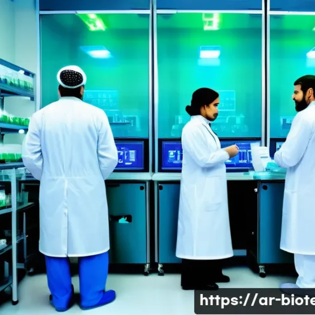 바이오시밀러 - A detailed scientific laboratory scene showcasing the production of biological medicines in a Middle...