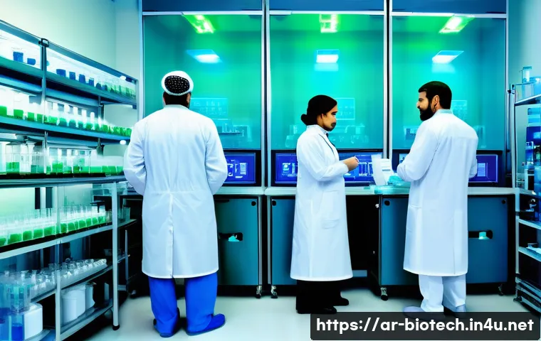 바이오시밀러 - A detailed scientific laboratory scene showcasing the production of biological medicines in a Middle...