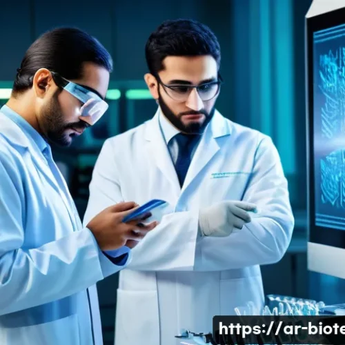 Home 30 바이오 의약품 개발 동향 - A sophisticated laboratory scene showcasing Arab scientists in modern biopharmaceutical research att...