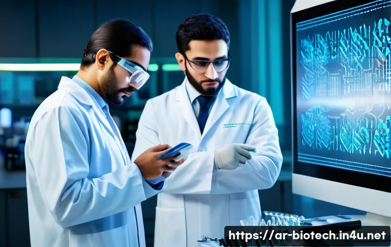 바이오 의약품 개발 동향 - A sophisticated laboratory scene showcasing Arab scientists in modern biopharmaceutical research att...