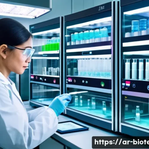 Home 17 세포 배양 기술 - A high-tech modern laboratory scene focused on advanced cell culture techniques: a scientist wearing...