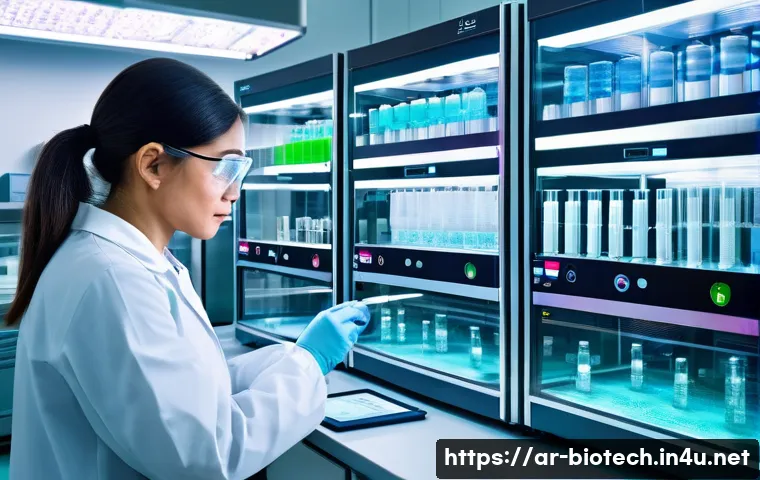 세포 배양 기술 - A high-tech modern laboratory scene focused on advanced cell culture techniques: a scientist wearing...