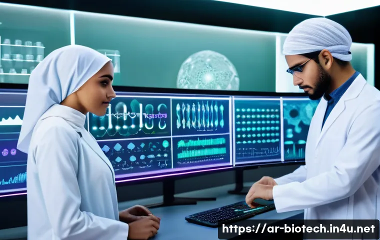 생명공학 회사 사례 - A futuristic biotechnology laboratory scene showcasing advanced gene editing using CRISPR-Cas9 techn...