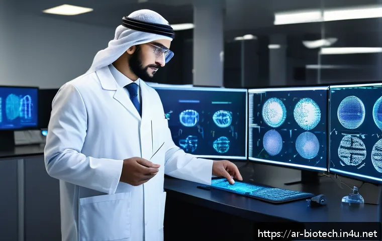 핵산 기반 기술 - A sophisticated genetic testing laboratory scene featuring an Arab scientist in modern attire analyz...