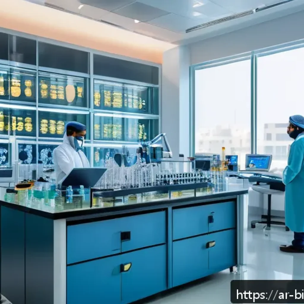 바이오 의약품 제조 공정 - A high-tech laboratory scene in a modern Middle Eastern biomedical research center, focused on a div...