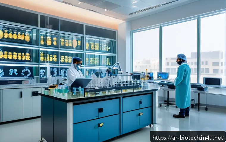 바이오 의약품 제조 공정 - A high-tech laboratory scene in a modern Middle Eastern biomedical research center, focused on a div...