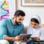 유전자 분석 서비스 - A modern Middle Eastern family gathered around a high-tech digital tablet displaying colorful DNA an...