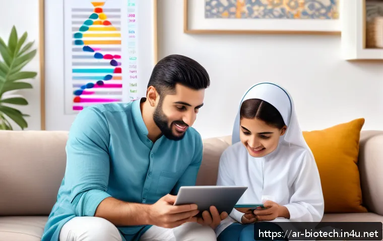 유전자 분석 서비스 - A modern Middle Eastern family gathered around a high-tech digital tablet displaying colorful DNA an...