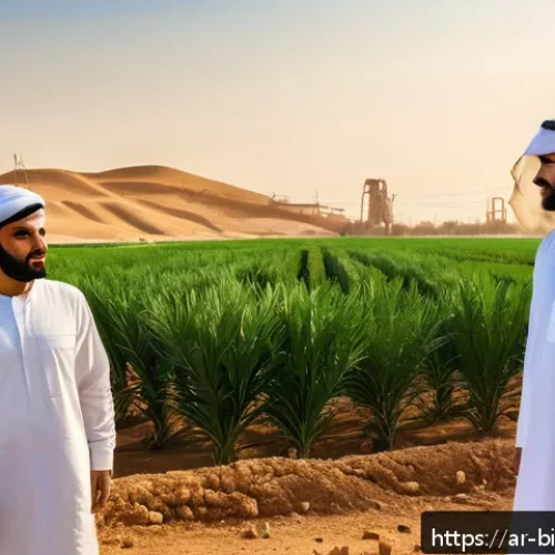 환경 친화적 바이오 기술 - A vibrant, detailed scene of a sustainable biofuel production facility set in an arid Middle Eastern...
