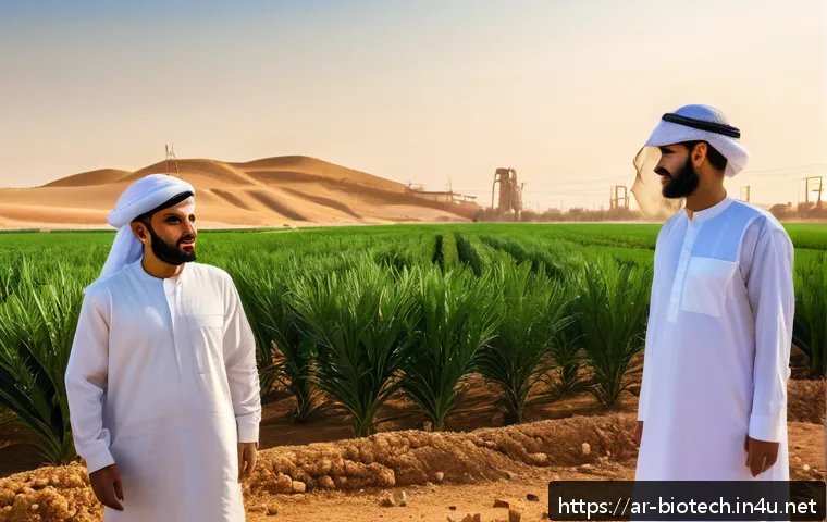 환경 친화적 바이오 기술 - A vibrant, detailed scene of a sustainable biofuel production facility set in an arid Middle Eastern...