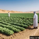 유전자 변형 농작물 - A vibrant agricultural field in an arid Middle Eastern landscape, showcasing genetically modified dr...