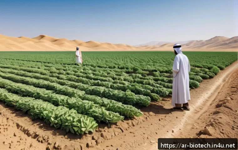 유전자 변형 농작물 - A vibrant agricultural field in an arid Middle Eastern landscape, showcasing genetically modified dr...