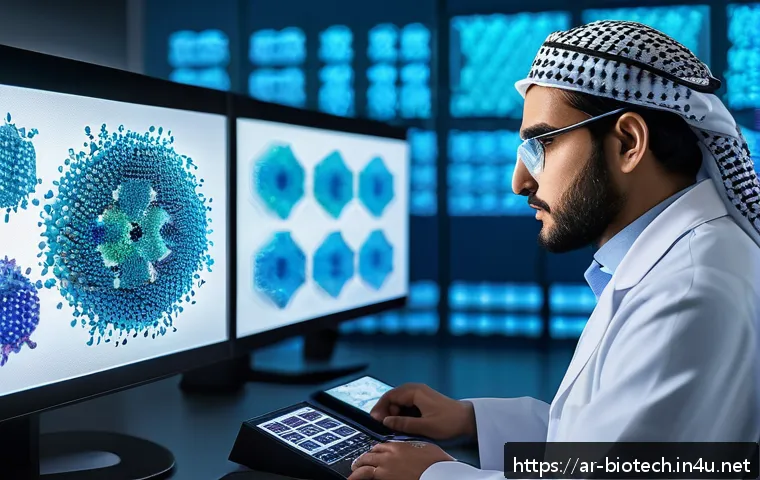 DNA 백신 개발 동향 - A futuristic laboratory scene in a Middle Eastern city setting at sunset, showcasing a scientist wea...