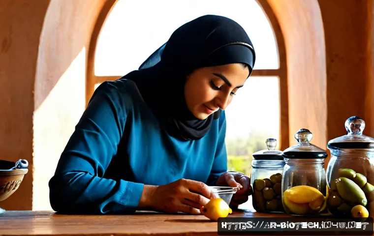 발효 기술 - Photorealistic close-up of traditional fermentation technology in a clean sunlit Arab home kitchen, ...