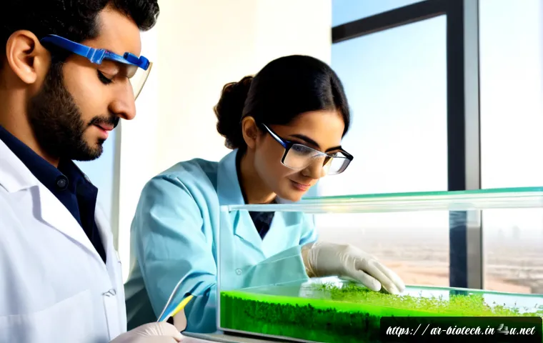 최신 바이오 기술 - Photorealistic modern biotechnology laboratory in an Arab Gulf city, Middle Eastern female scientist...