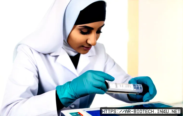바이오 진단 키트 - Photorealistic modern medical laboratory in an Arab Gulf city, a female Arab scientist wearing a mod...