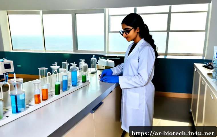바이오 의약품 경쟁 - Photorealistic modern biopharmaceutical laboratory in the Gulf region, two diverse Arab research tea...