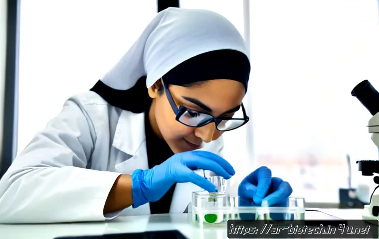 오가노이드 연구 - Photorealistic biomedical research laboratory, Arab woman scientist wearing a neatly styled hijab, w...